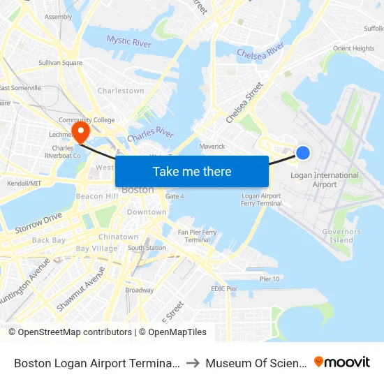 Boston Logan Airport Terminal C to Museum Of Science map