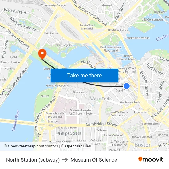 North Station (subway) to Museum Of Science map