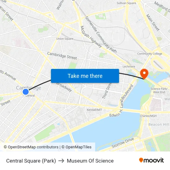 Central Square (Park) to Museum Of Science map