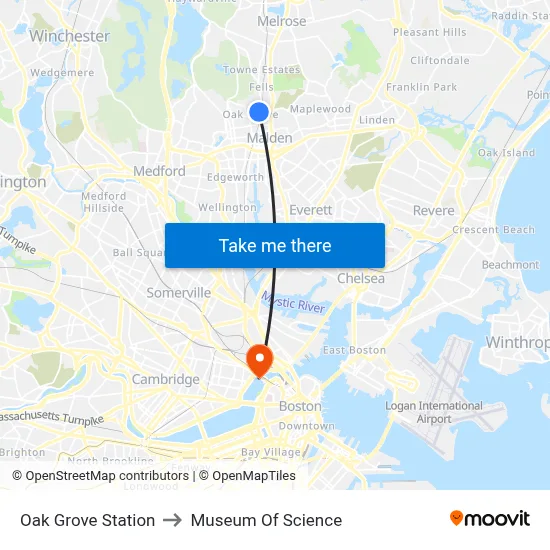 Oak Grove Station to Museum Of Science map