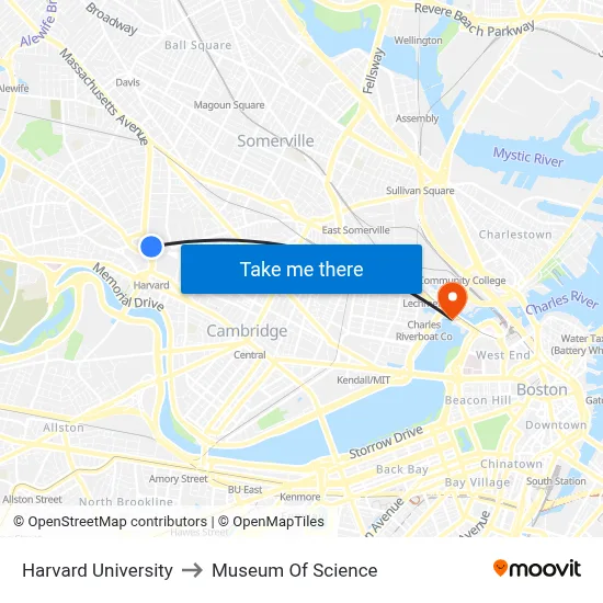 Harvard University to Museum Of Science map