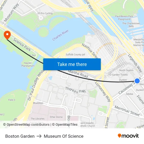 Boston Garden to Museum Of Science map