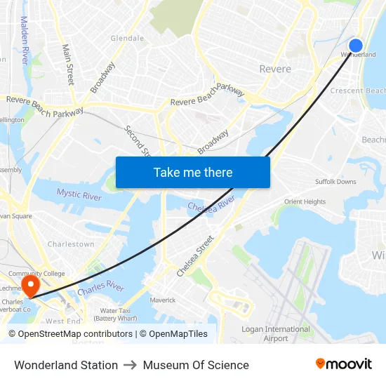 Wonderland Station, 1300 North Shore to Museum Of Science map