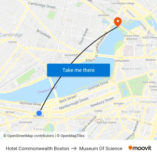 Hotel Commonwealth Boston to Museum Of Science map