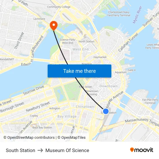 South Station to Museum Of Science map