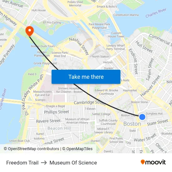 Freedom Trail to Museum Of Science map