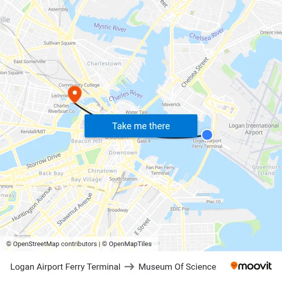 Logan Airport Ferry Terminal to Museum Of Science map
