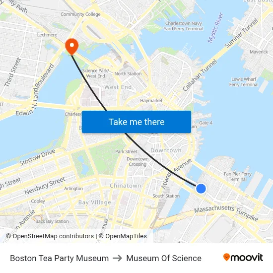 Boston Tea Party Museum to Museum Of Science map