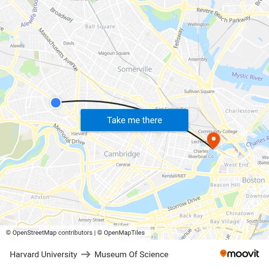 Harvard University to Museum Of Science map