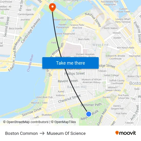 Boston Common to Museum Of Science map