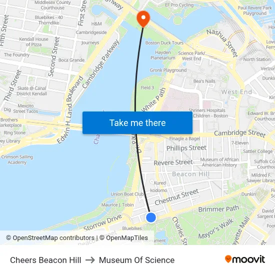 Cheers Beacon Hill to Museum Of Science map