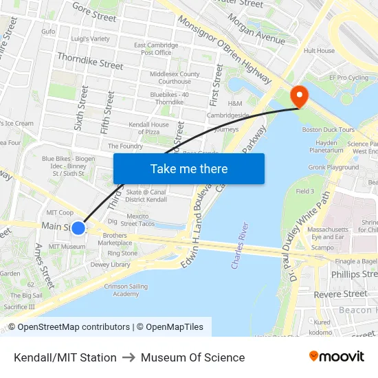 Kendall/MIT Station to Museum Of Science map