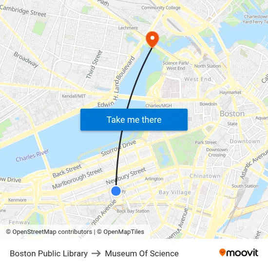 Boston Public Library to Museum Of Science map