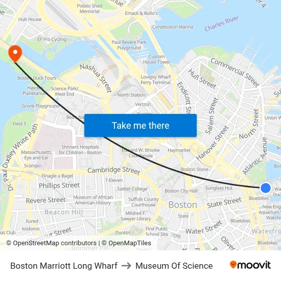 Boston Marriott Long Wharf to Museum Of Science map