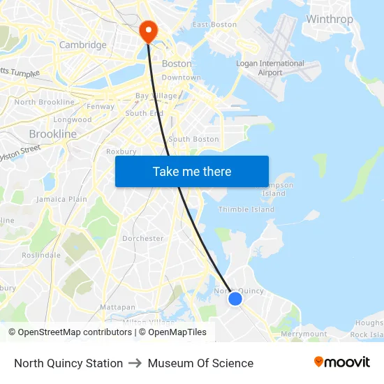 North Quincy Station to Museum Of Science map