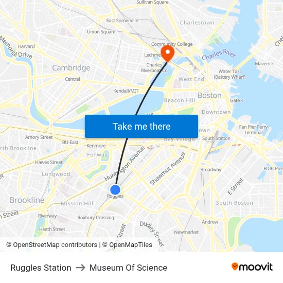 Ruggles Station to Museum Of Science map