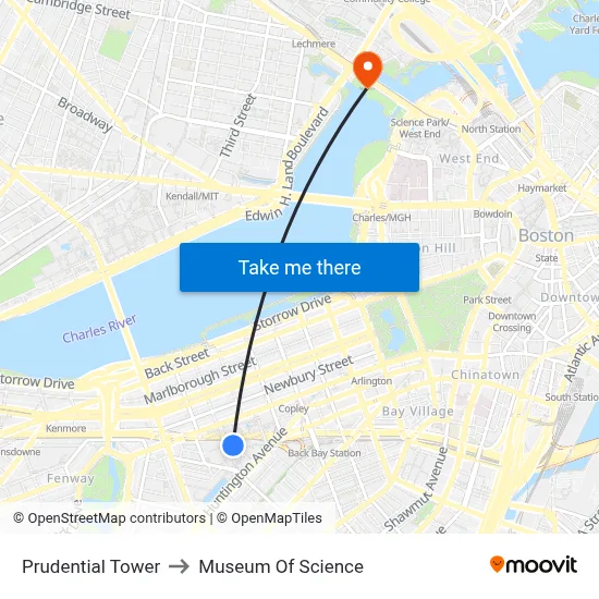 Prudential Tower to Museum Of Science map