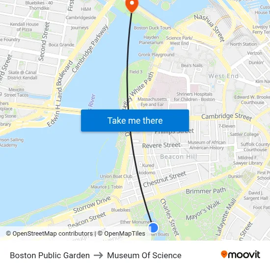 Boston Public Garden to Museum Of Science map