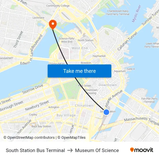 South Station Bus Terminal to Museum Of Science map