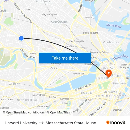 Harvard University to Massachusetts State House map