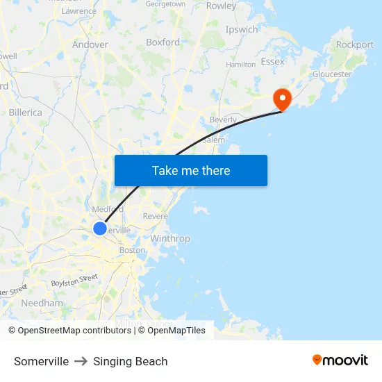Somerville to Singing Beach map