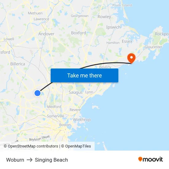 Woburn to Singing Beach map