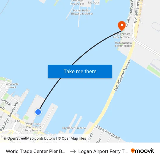 World Trade Center Pier Boston MA to Logan Airport Ferry Terminal map