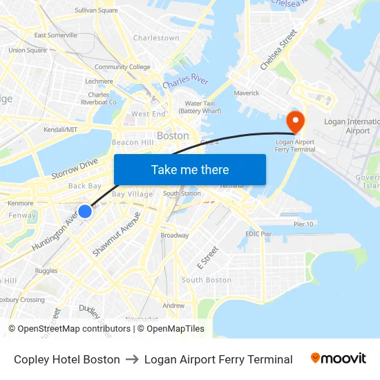 Copley Hotel Boston to Logan Airport Ferry Terminal map