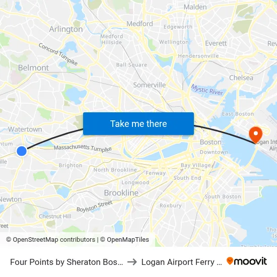 Crowne Plaza Boston Newton to Logan Airport Ferry Terminal map