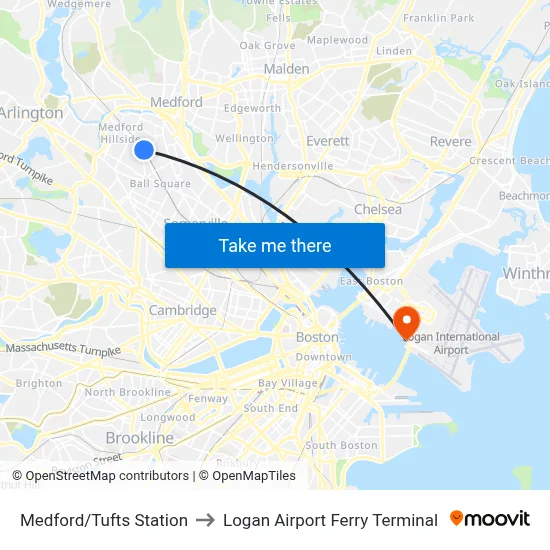 Medford/Tufts Station to Logan Airport Ferry Terminal map