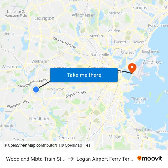 Woodland Mbta Train Station to Logan Airport Ferry Terminal map