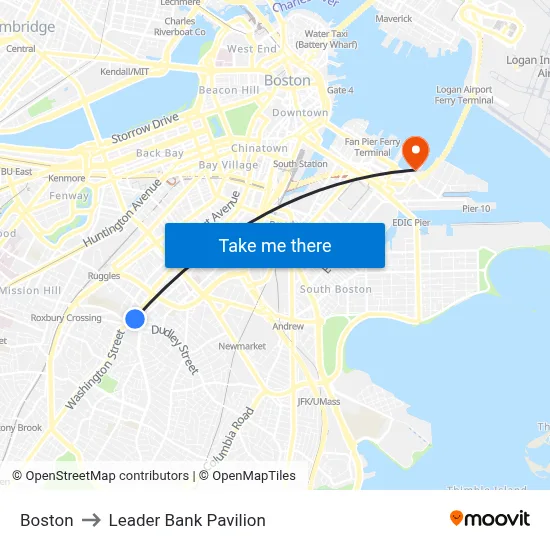 Boston to Leader Bank Pavilion map