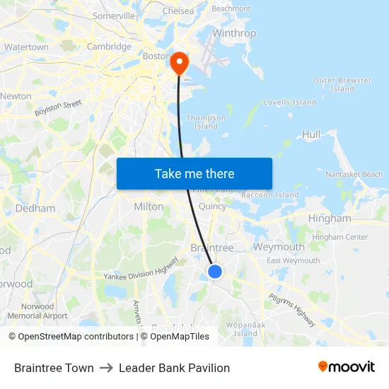 Braintree Town to Leader Bank Pavilion map