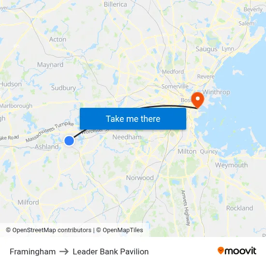 Framingham to Leader Bank Pavilion map