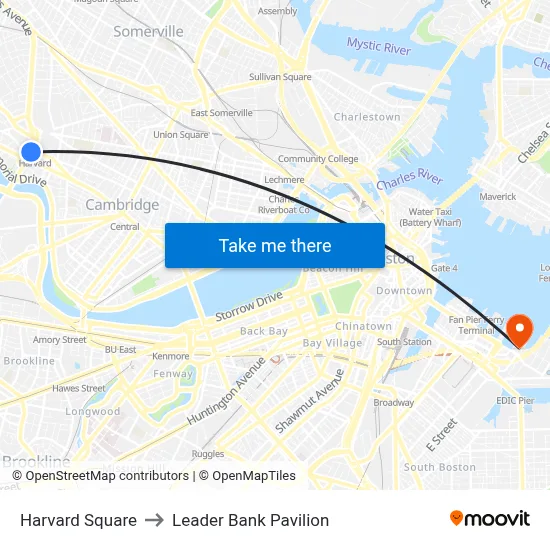 Harvard Square to Leader Bank Pavilion map