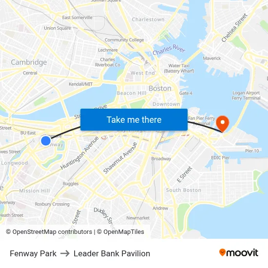 Fenway Park to Leader Bank Pavilion map