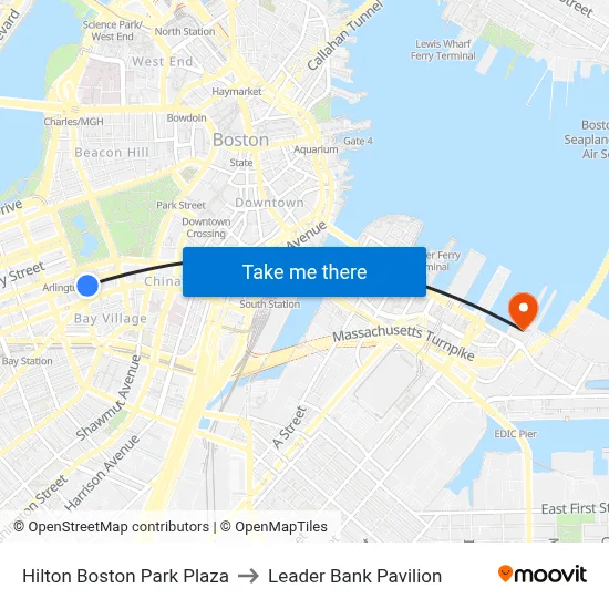 Hilton Boston Park Plaza to Leader Bank Pavilion map