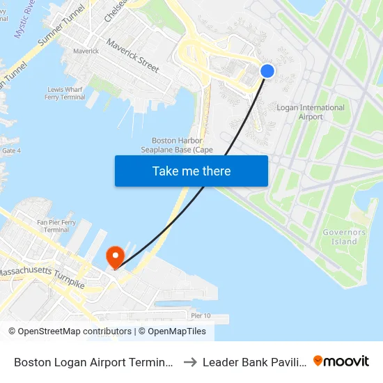 Boston Logan Airport Terminal C to Leader Bank Pavilion map