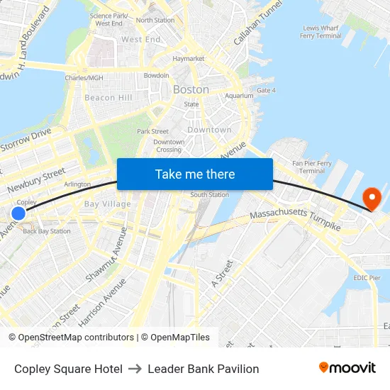 Copley Square Hotel to Leader Bank Pavilion map