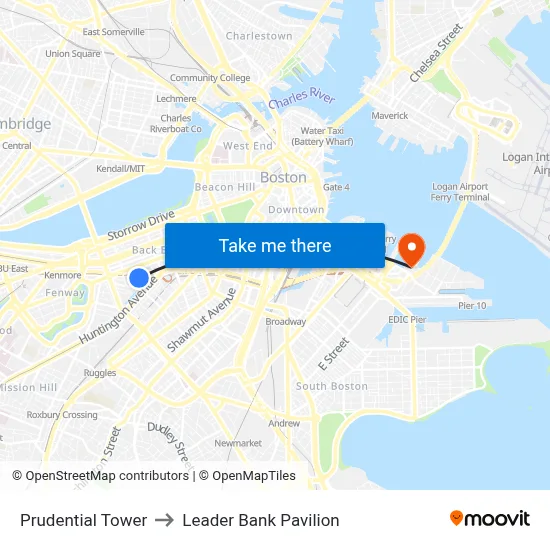 Prudential Tower to Leader Bank Pavilion map