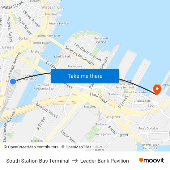 South Station Bus Terminal to Leader Bank Pavilion map
