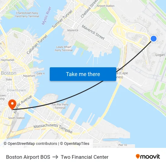 Boston Airport BOS to Two Financial Center map