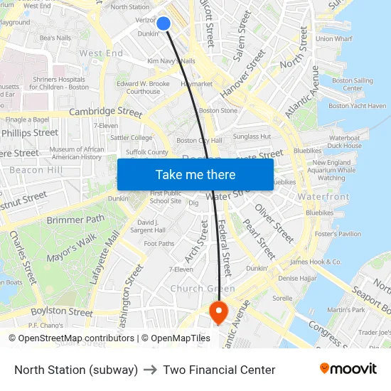 North Station (subway) to Two Financial Center map