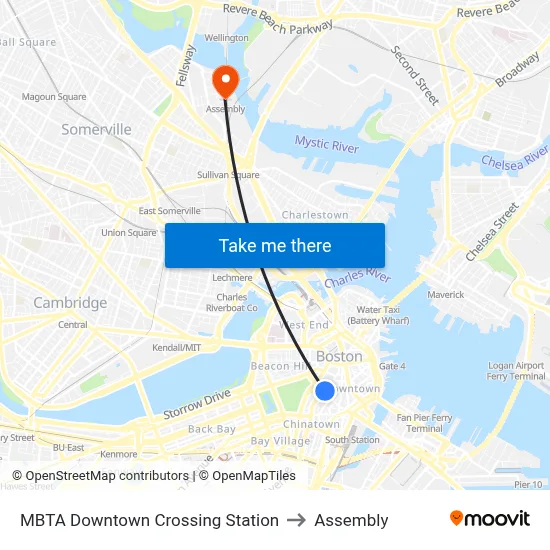 MBTA Downtown Crossing Station to Assembly map