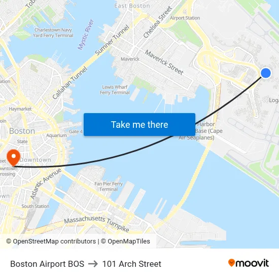 Boston Airport BOS to 101 Arch Street map