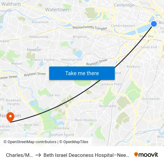 Charles/Mgh to Beth Israel Deaconess Hospital–Needham map