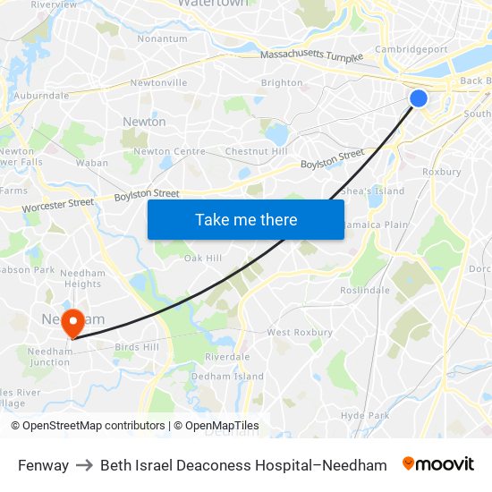 Fenway to Beth Israel Deaconess Hospital–Needham map