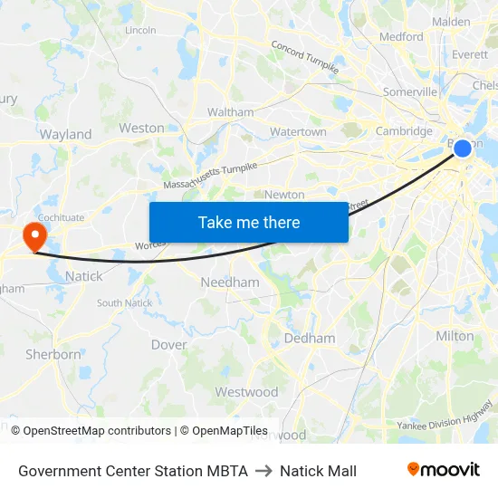 Government Center Station MBTA to Natick Mall map