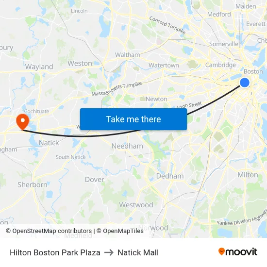Hilton Boston Park Plaza to Natick Mall map