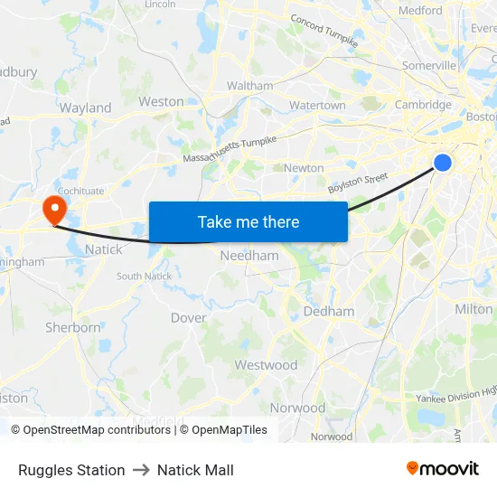 Ruggles Station to Natick Mall map